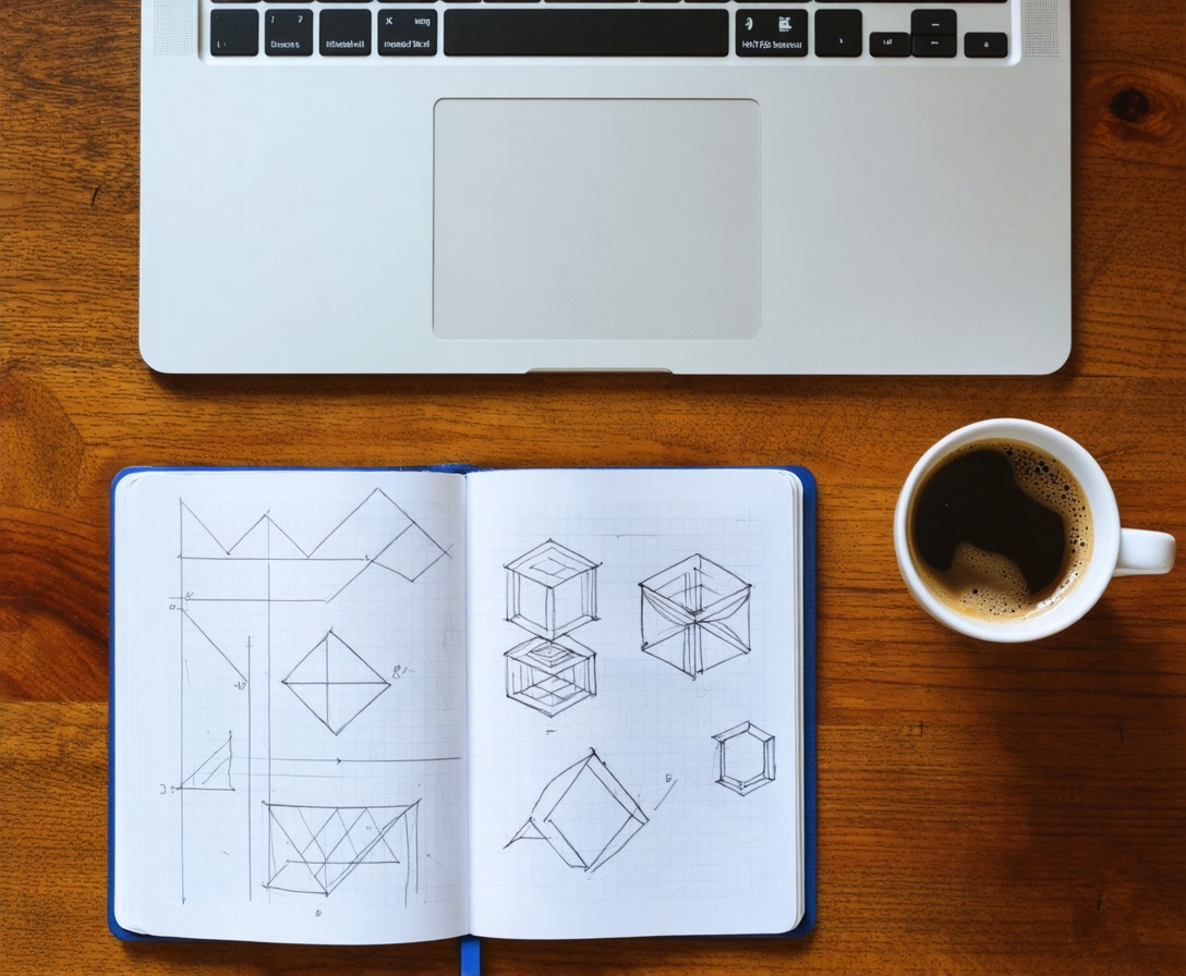 Designer's desk with laptop and sketches