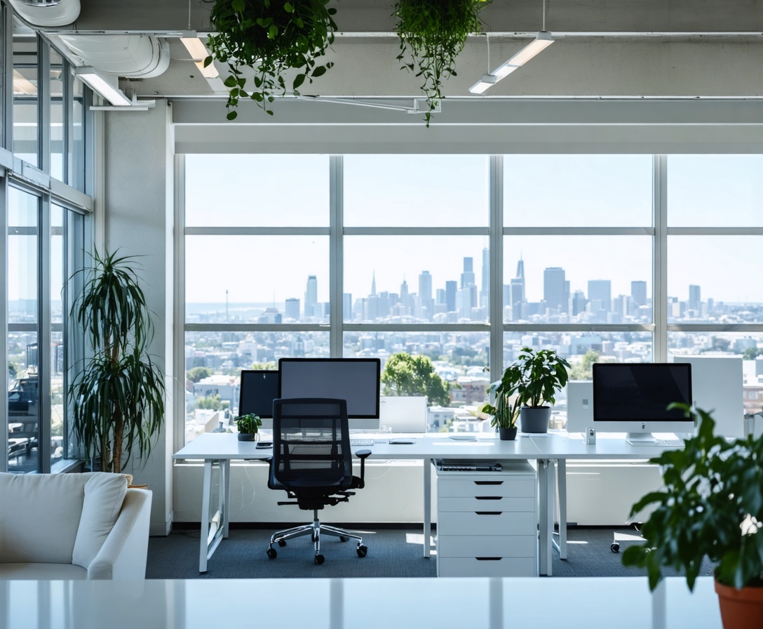 Modern open-plan office in San Francisco with floor-to-ceiling windows