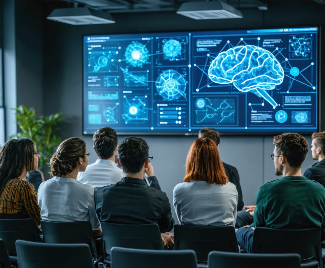 A group of young professionals sitting in a tech-enabled classroom